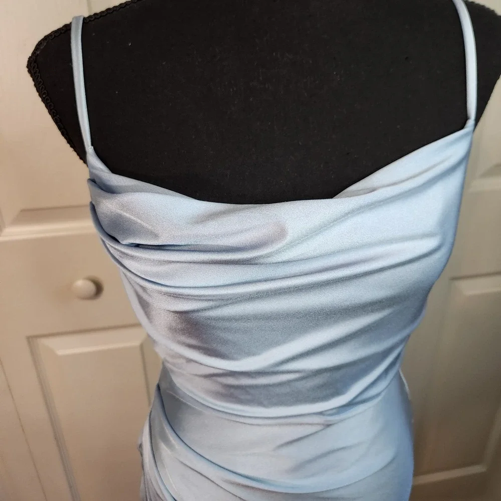 Windsor Light Blue Ruched Satin Cowl Neck Bodycon Mini Dress Large L Stretch